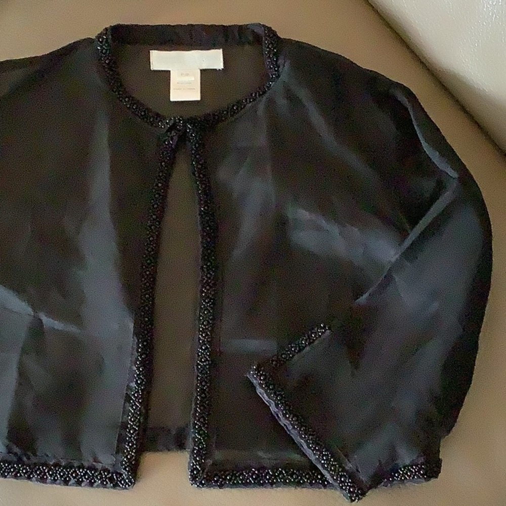 Harrison Morgan 100% Silk Organza Beaded Bolero Shrug Jacket Black Petite Small